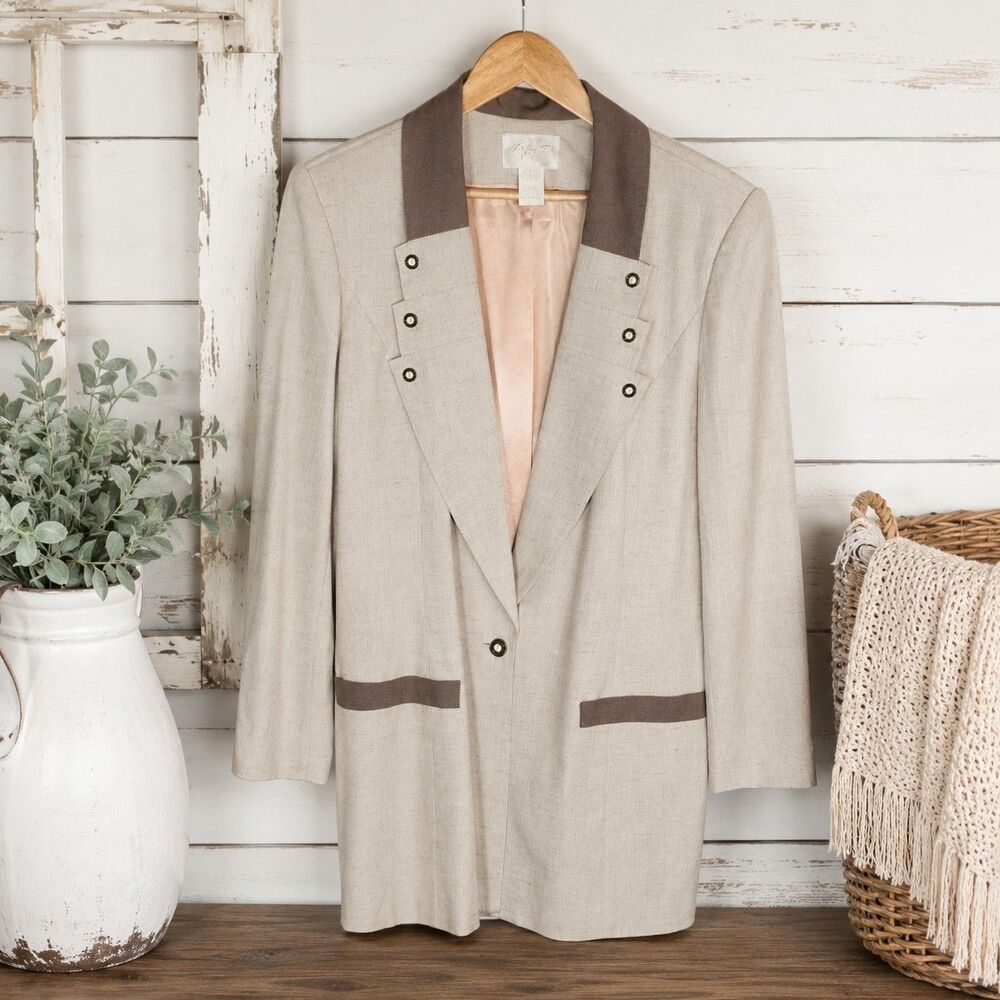 Vintage Linen Rayon Blazer Jacket Womens 14 Beige Taupe USA Career Quiet Luxury